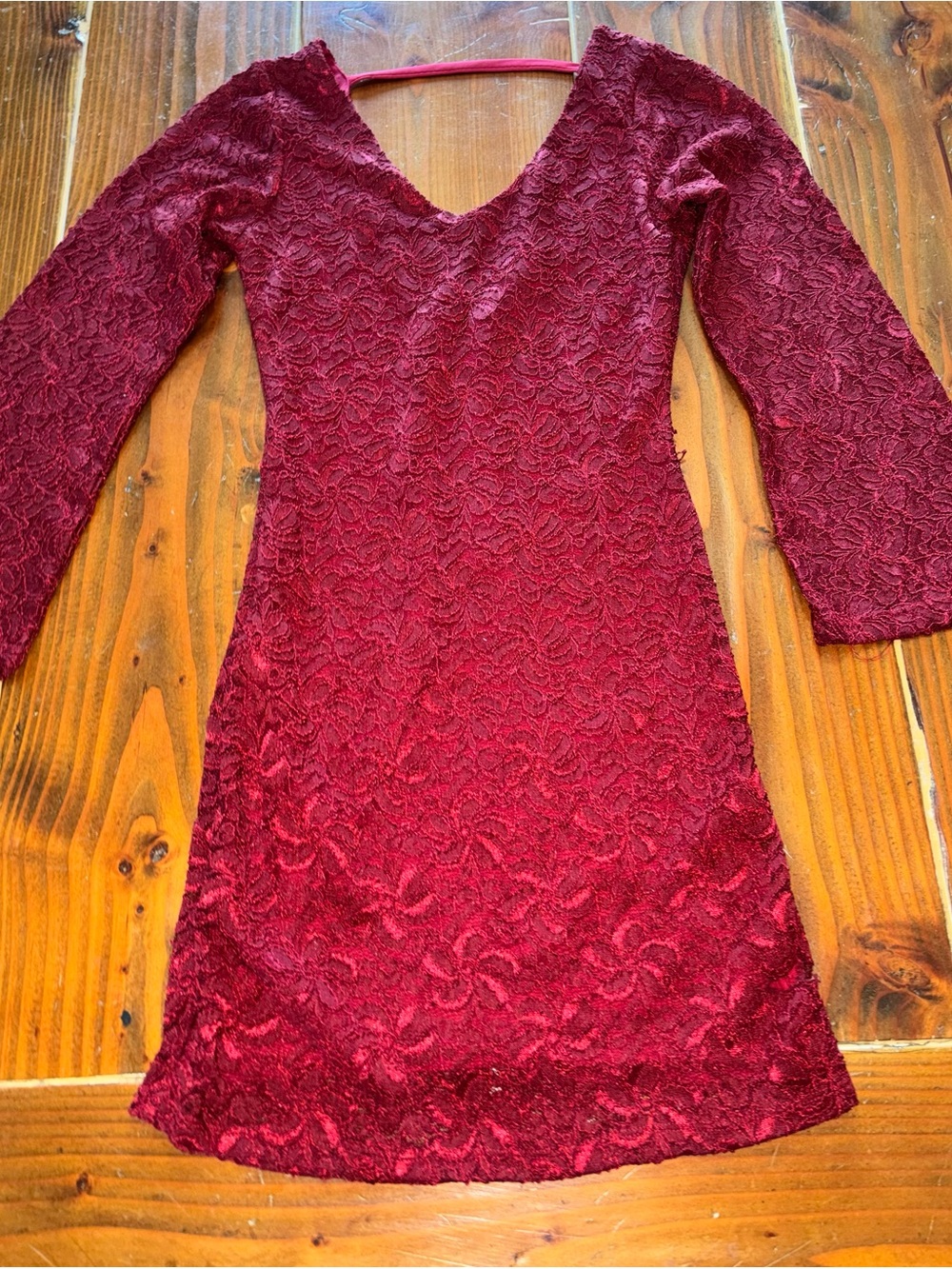Charlotte Russe Y2K Burgundy Lace V-Neck Long Sleeve Mini Dress